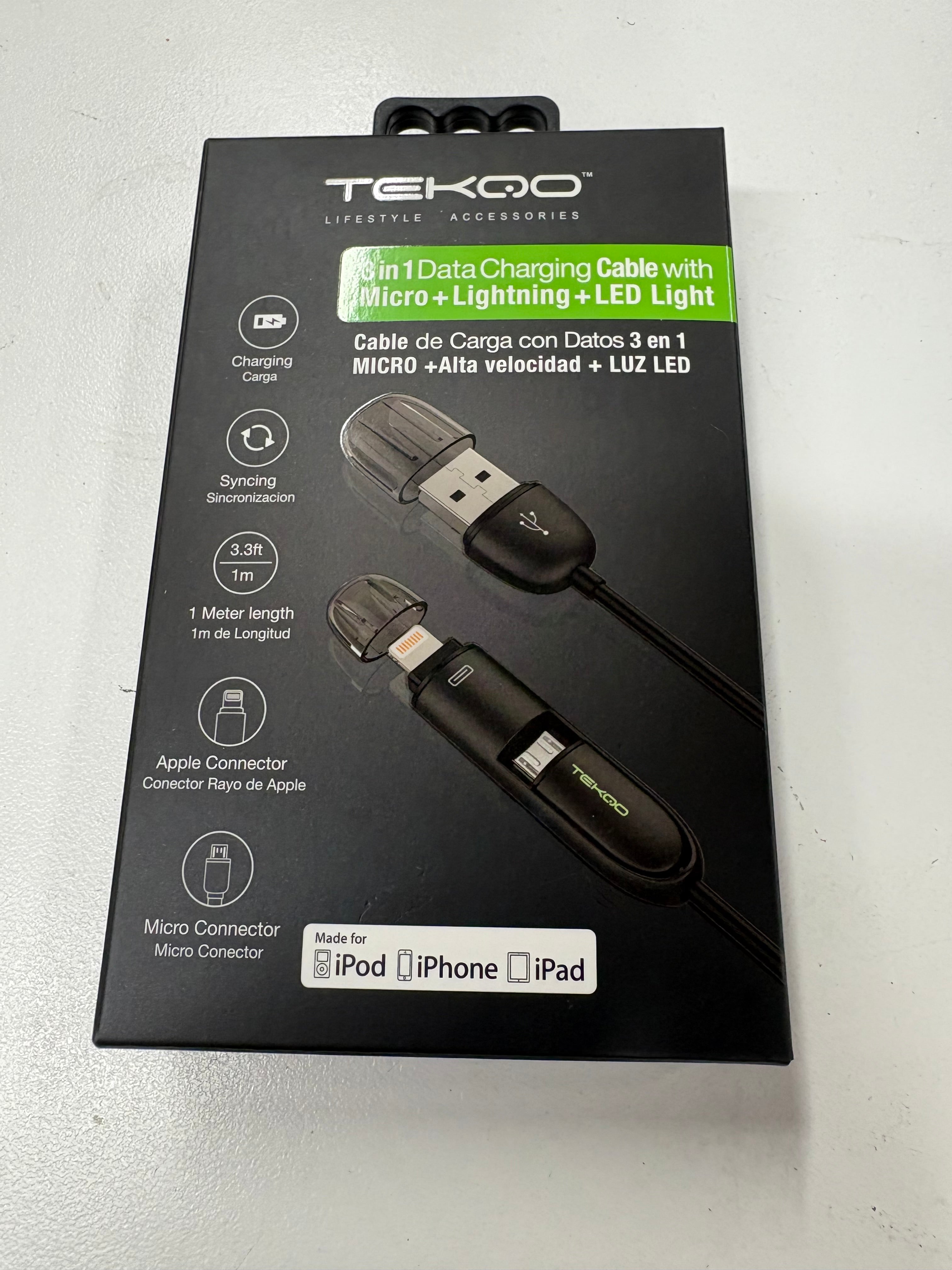 TEQKO 3 in1 Data Charging Cable with Micro + Lightning + LED Light TEQKO 3 in1 Data Charging Cable with Micro + Lightning + LED Light